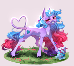 Size: 2808x2500 | Tagged: safe, artist:ohhoneybee, imported from derpibooru, izzy moonbow, classical unicorn, pony, unicorn, alternate design, blushing, cloven hooves, colored eyebrows, ear fluff, facial markings, female, g5, grass, grin, heart tail, high res, horn, leaf, leonine tail, mare, my little pony: a new generation, pale belly, plant, smiling, solo, tail, unshorn fetlocks