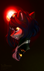 Size: 1256x2007 | Tagged: safe, artist:teaflower300, imported from derpibooru, oc, oc only, pony, black sclera, bust, fangs, frown, glowing, glowing eyes, horns, looking at you, solo