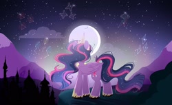 Size: 2526x1545 | Tagged: safe, artist:cinnamontee, imported from derpibooru, twilight sparkle, alicorn, pony, canterlot, cloud, constellation, crown, hoof shoes, immortality blues, jewelry, moon, night, regalia, solo, stars, twilight sparkle (alicorn), twilight will outlive her friends