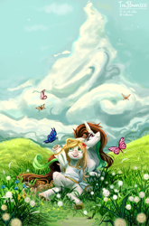 Size: 2580x3903 | Tagged: safe, artist:teaflower300, imported from derpibooru, oc, oc only, oc:tia flower, butterfly, pony, unicorn, clothes, cloud, curved horn, field, flower, flower in hair, grass, high res, horn, smiling, sweater, underhoof