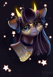 Size: 1805x2620 | Tagged: safe, artist:teaflower300, imported from derpibooru, oc, oc only, pony, bust, constellation, crying, frown, horns, lidded eyes, sad, solo, stars, teary eyes