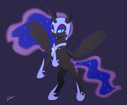 Size: 1119x932 | Tagged: safe, artist:sion, imported from derpibooru, nightmare moon, alicorn, pony, female, mare, ponytober, purple background, rearing, simple background, solo, spread wings, wings