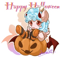 Size: 600x600 | Tagged: safe, artist:qamar, imported from derpibooru, cozy glow, pegasus, pony, cheek fluff, clothes, cozybetes, cute, demon wings, devil horns, ear fluff, female, filly, halloween, holiday, horns, jack-o-lantern, lying down, on back, open mouth, pumpkin, socks, solo, striped socks, wings