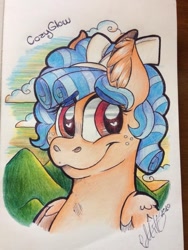 Size: 720x960 | Tagged: safe, artist:millefaller, imported from derpibooru, cozy glow, pegasus, pony, ear fluff, eyelashes, female, filly, freckles, heart eyes, outdoors, signature, smiling, traditional art, wingding eyes, wings