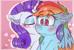 Size: 1230x840 | Tagged: safe, artist:millefaller, imported from derpibooru, rainbow dash, rarity, pegasus, pony, unicorn, blushing, cheek kiss, colored wings, ear fluff, eye clipping through hair, eyelashes, eyes closed, female, horn, kissing, lesbian, makeup, mare, raridash, shipping, signature, two toned wings, wide eyes, wings