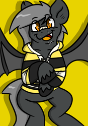 Size: 700x1000 | Tagged: safe, artist:tranzmuteproductions, imported from derpibooru, oc, oc only, oc:tranzmute, bat pony, pony, :d, bandaid, bandaid on nose, bat pony oc, bat wings, male, open mouth, open smile, simple background, smiling, solo, spread wings, stallion, unshorn fetlocks, wings, yellow background