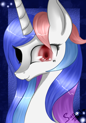 Size: 1836x2634 | Tagged: safe, artist:herusann, imported from derpibooru, oc, oc only, pony, unicorn, abstract background, black sclera, bust, heterochromia, horn, smiling, solo, unicorn oc