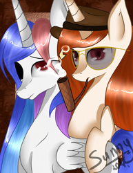 Size: 1836x2374 | Tagged: safe, artist:herusann, imported from derpibooru, oc, oc only, alicorn, pony, unicorn, alicorn oc, black sclera, duo, glasses, hat, heterochromia, horn, pipe, smoking, unicorn oc, wings