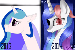 Size: 3017x1987 | Tagged: safe, artist:herusann, imported from derpibooru, oc, oc only, pony, unicorn, abstract background, black sclera, bust, duo, heterochromia, horn, redraw, smiling, unicorn oc