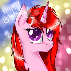 Size: 1024x1024 | Tagged: safe, artist:herusann, imported from derpibooru, oc, oc only, pony, unicorn, abstract background, bust, female, happy birthday, horn, mare, smiling, solo, unicorn oc