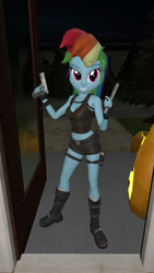 Size: 900x1600 | Tagged: safe, artist:oatmeal!, imported from derpibooru, rainbow dash, equestria girls, 3d, clothes, cosplay, costume, gmod, gun, halloween, halloween costume, holiday, lara croft, solo, tomb raider, trick or treat, weapon