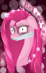 Size: 1836x2907 | Tagged: safe, artist:herusann, imported from derpibooru, pinkie pie, earth pony, pony, abstract background, black eye, bloodshot eyes, bust, cloth gag, female, gag, mare, pinkamena diane pie, solo