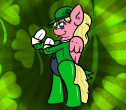 Size: 798x700 | Tagged: safe, artist:tranzmuteproductions, imported from derpibooru, oc, oc only, pegasus, pony, :p, bipedal, clothes, clover, female, hat, holiday, latex, latex socks, mare, necktie, pegasus oc, saint patrick's day, socks, suit, tongue out, wings