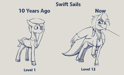 Size: 1920x1168 | Tagged: safe, artist:triplesevens, imported from ponybooru, oc, oc:andrew swiftwing, pegasus, age progression, clothes, fantasy class, monochrome, rpg, solo, sword, weapon