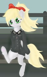 Size: 1833x3000 | Tagged: safe, artist:mitziprey, imported from ponybooru, oc, oc only, oc:kyrie, earth pony, pony, bow, female, nazi, sitting, solo