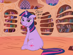 Size: 1600x1200 | Tagged: safe, artist:bigboydover, imported from ponybooru, twilight sparkle, pony, bedroom eyes, blushing, dock, female, library, lidded eyes, looking at you, sitting, solo, tongue out
