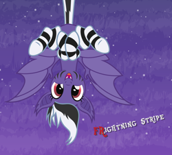 Size: 3388x3058 | Tagged: safe, artist:lightning stripe, derpibooru exclusive, imported from derpibooru, oc, oc only, oc:lightning stripe, bat pony, pony, bat ponified, bat wings, black and white mane, clothes, cross-eyed, cute, fangs, female, frightning stripe, high res, makeup, mare, night, night sky, open mouth, purple, purple coat, race swap, red eyes, show accurate, silly, simple background, sky, smiling, socks, solo, striped socks, tail, teeth, text, two toned mane, two toned tail, upside down, wings