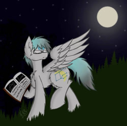 Size: 606x600 | Tagged: safe, artist:feather_bloom, imported from derpibooru, oc, oc only, oc:stellar drift(kaitykat), pegasus, pony, belly fluff, book, chest fluff, constellation, ear fluff, full moon, glasses, looking up, moon, night, night sky, no pupils, old art, sky, solo, spread wings, stars, wings