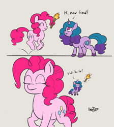 Size: 2758x3072 | Tagged: safe, artist:datzigga, imported from derpibooru, izzy moonbow, pinkie pie, earth pony, pony, unicorn, bittersweet, comic, crossover, dialogue, duo, duo female, eyes closed, feels, female, g4, g4 to g5, g5, hi new friend, high res, izzy and her heroine, mare, my little pony: a new generation, passing the torch, prehensile mane, pronking, pun, smiling, the new pinkie pie, torch, visual pun