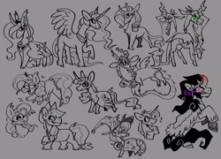 Size: 1857x1339 | Tagged: safe, artist:rockin_candies, imported from derpibooru, applejack, discord, king sombra, pinkie pie, princess celestia, princess luna, queen chrysalis, rarity, trixie, twilight sparkle, alicorn, changeling, changeling queen, draconequus, earth pony, pony, unicorn, applejack's hat, cape, clothes, cowboy hat, curved horn, female, gray background, hat, hay stalk, horn, horns, jewelry, leonine tail, male, regalia, simple background, sketch, smiling, spread wings, tail, tongue out, trixie's cape, trixie's hat, twilight sparkle (alicorn), wings