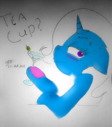 Size: 780x877 | Tagged: safe, artist:gafelpoez, imported from derpibooru, trixie, pony, unicorn, abstract background, alcohol, blushing, drunk, eyebrows, eyelashes, horn, looking at you, martini, photo, smiling, solo, text, traditional art