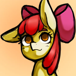 Size: 1323x1323 | Tagged: safe, artist:kyouman1010, imported from derpibooru, apple bloom, earth pony, pony, abstract background, bow, bust, cute, eyebrows, eyelashes, female, filly, hair bow, one ear down, portrait, simple background, solo