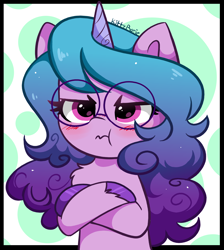 Size: 2702x3016 | Tagged: safe, artist:kittyrosie, imported from derpibooru, izzy moonbow, pony, unicorn, :t, angry, blushing, chest fluff, crossed hooves, cute, female, g5, glasses, grumpy, high res, izzy moodbow, izzybetes, madorable, mare, my little pony: a new generation, scrunchy face, solo