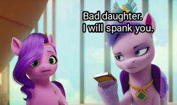 Size: 1350x804 | Tagged: safe, edit, edited screencap, imported from derpibooru, screencap, pipp petals, queen haven, pegasus, pony, spoiler:my little pony: a new generation, female, g5, implied spanking, mare, my little pony: a new generation, phone, this will end in tears