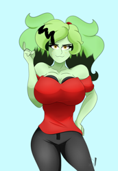 Size: 1750x2550 | Tagged: safe, artist:diamondgreenanimat0, imported from derpibooru, oc, oc:diamondgreen, equestria girls, big breasts, black hair, blouse, breasts, green hair, hand on hip, hips, light blue background, red shirt, redraw, simple background, watch