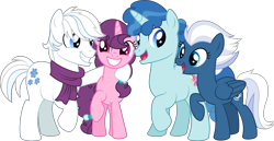 Size: 8280x4288 | Tagged: safe, artist:thatusualguy06, imported from derpibooru, double diamond, night glider, party favor, sugar belle, earth pony, pegasus, pony, unicorn, .svg available, absurd resolution, clothes, equal four, female, group, happy birthday mlp:fim, looking at each other, male, mare, mlp fim's eleventh anniversary, open mouth, open smile, raised hoof, scarf, simple background, smiling, smiling at each other, stallion, transparent background, vector