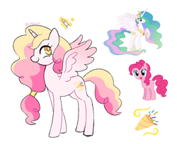 Size: 1226x1000 | Tagged: safe, artist:risswm, imported from derpibooru, pinkie pie, princess celestia, oc, alicorn, earth pony, pony, alicorn oc, female, glowing, glowing horn, horn, magical lesbian spawn, mare, offspring, parent:pinkie pie, parent:princess celestia, parents:pinkielestia, simple background, smiling, white background, wings