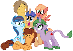 Size: 1012x710 | Tagged: safe, artist:greenmarta, artist:rain-approves, imported from derpibooru, oc, dracony, earth pony, hybrid, pegasus, pony, unicorn, base used, earth pony oc, female, happy, horn, interspecies offspring, next generation, offspring, parent:applejack, parent:big macintosh, parent:caramel, parent:cheese sandwich, parent:flash sentry, parent:fluttershy, parent:pinkie pie, parent:rainbow dash, parent:rarity, parent:soarin', parent:spike, parent:twilight sparkle, parents:carajack, parents:cheesepie, parents:flashlight, parents:fluttermac, parents:soarindash, parents:sparity, pegasus oc, simple background, smiling, transparent background, unicorn oc