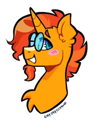 Size: 406x532 | Tagged: safe, artist:shyshyoctavia, imported from derpibooru, sunburst, pony, unicorn, blushing, bust, chest fluff, looking at you, signature, smiling, solo