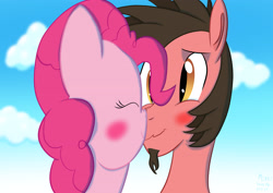 Size: 3508x2480 | Tagged: safe, artist:mrkat7214, imported from derpibooru, pinkie pie, oc, oc:ace play, earth pony, pony, blushing, boop, canon x oc, cute, facial hair, female, goatee, high res, male, noseboop, pinkieplay, shipping, smiling, straight, wavy mouth