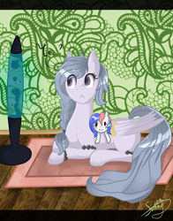 Size: 1836x2347 | Tagged: safe, artist:herusann, imported from derpibooru, oc, oc only, pegasus, pony, eyelashes, female, frown, indoors, lava lamp, lying down, mare, pegasus oc, plushie, prone, signature, wings