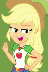 Size: 491x726 | Tagged: safe, imported from derpibooru, screencap, applejack, equestria girls, equestria girls series, holidays unwrapped, spoiler:eqg series (season 2), applejack's hat, cowboy hat, cropped, female, freckles, hair tie, hat, lidded eyes, o come all ye squashful, open mouth, open smile, palindrome get, smiling, solo