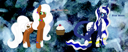 Size: 1929x790 | Tagged: safe, artist:madlilon2051, imported from derpibooru, oc, oc only, earth pony, pony, unicorn, abstract background, chest fluff, cupcake, duo, earth pony oc, food, horn, unicorn oc