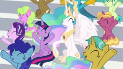 Size: 3421x1920 | Tagged: safe, imported from derpibooru, screencap, citrine spark, clever musings, cloudburst, daisy, fire flicker, fire quacker, flower wishes, gallus, princess celestia, sandbar, starlight glimmer, twilight sparkle, alicorn, earth pony, griffon, pony, unicorn, 2 4 6 greaaat, season 9, ^^, crown, cute, cutelestia, eyes closed, female, friendship student, gallabetes, glimmerbetes, jewelry, male, mare, open mouth, open smile, regalia, sandabetes, smiling, spread wings, stallion, twiabetes, twilight sparkle (alicorn), wings