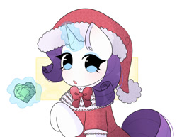 Size: 737x570 | Tagged: safe, artist:arwencuack, imported from derpibooru, rarity, pony, unicorn, christmas, clothes, commission, cute, dress, gem, hat, holiday, magic, solo