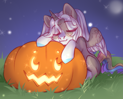 Size: 1401x1128 | Tagged: safe, artist:nika-rain, imported from derpibooru, oc, oc only, alicorn, pony, chibi, commission, cute, night, pumpkin, solo, ych result