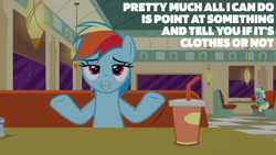 Size: 1280x720 | Tagged: safe, edit, edited screencap, editor:quoterific, imported from derpibooru, screencap, honey curls, mare e. lynn, rainbow dash, pegasus, pony, season 6, the saddle row review, female, mare, smiling, solo focus