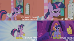 Size: 1280x720 | Tagged: safe, edit, edited screencap, editor:quoterific, imported from derpibooru, screencap, twilight sparkle, pony, unicorn, season 1, winter wrap up, book, clothes, female, golden oaks library, grin, mare, night, open mouth, saddle, scarf, smiling, solo, tack, unicorn twilight