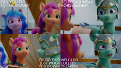 Size: 1280x720 | Tagged: safe, edit, edited screencap, editor:quoterific, imported from derpibooru, screencap, izzy moonbow, sunny starscout, earth pony, pegasus, pony, unicorn, spoiler:g5, spoiler:my little pony: a new generation, ball, eyes closed, female, g5, horn, hornball, izzy's tennis ball, male, mare, my little pony: a new generation, open mouth, open smile, pegasus royal guard, royal guard, smiling, stallion, tennis ball, thunder flap