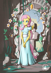 Size: 955x1351 | Tagged: safe, artist:mysticalpha, imported from derpibooru, fluttershy, anthro, pegasus, clothes, dress, female, ruins, solo