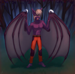 Size: 1280x1271 | Tagged: safe, artist:tigra0118, imported from derpibooru, oc, oc only, anthro, bat pony, vampire, canines, commission, dark forest, digital art, halloween, holiday, male, solo, torso, ych result