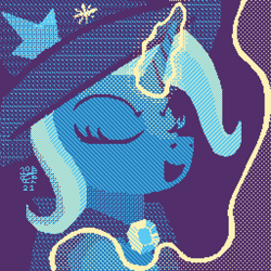 Size: 1280x1280 | Tagged: safe, artist:boxwari, imported from derpibooru, trixie, pony, unicorn, cape, clothes, dithering, eyelashes, eyes closed, female, hat, magic, mare, open mouth, solo, trixie's cape, trixie's hat