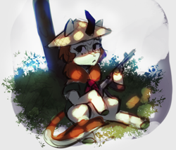 Size: 1652x1415 | Tagged: safe, artist:mrscroup, imported from derpibooru, autumn blaze, kirin, ak-47, assault rifle, female, gun, jungle, rifle, solo, vietcong, vietnam war, weapon