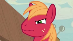 Size: 1280x720 | Tagged: safe, imported from derpibooru, screencap, big macintosh, earth pony, pony, hard to say anything, season 7, angry, big macintosh's yoke, grumpy, jealous, looking at each other, looking at someone, male, narrowed eyes, solo, stallion