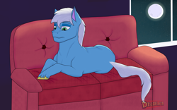 Size: 7480x4664 | Tagged: safe, artist:discbreaker100, imported from derpibooru, oc, oc only, earth pony, pony, absurd file size, absurd resolution, couch, earth pony oc, lying down, male, moon, night, prone, solo, stallion, thinking, window