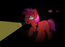 Size: 2500x1800 | Tagged: safe, artist:ngthanhphong, imported from derpibooru, oc, oc only, oc:ruby star, earth pony, ghost, undead, dark background, flashlight (object), glasses, jewelry, male, necklace, nightmare night, radio, red eyes, scared, show accurate, stallion